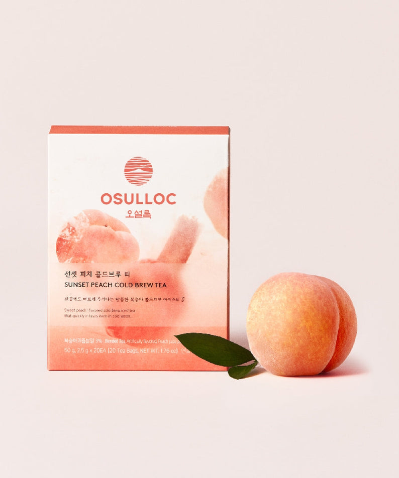 OSULLOC Sunset Peach Cold Brew Tea 20 P packaging with fresh peach on a light background.