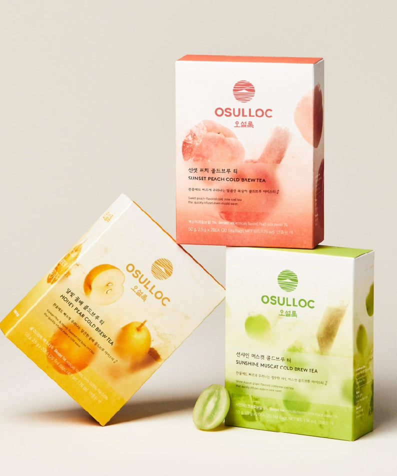 OSULLOC Sunset Peach Cold Brew Tea 20 P packaging showcasing a refreshing variety of flavors.