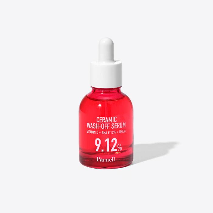 PARNELL AHA 9.12 Caremic Wash-Off Serum 30ml in a red bottle with dropper cap, featuring vitamin C and omega benefits.