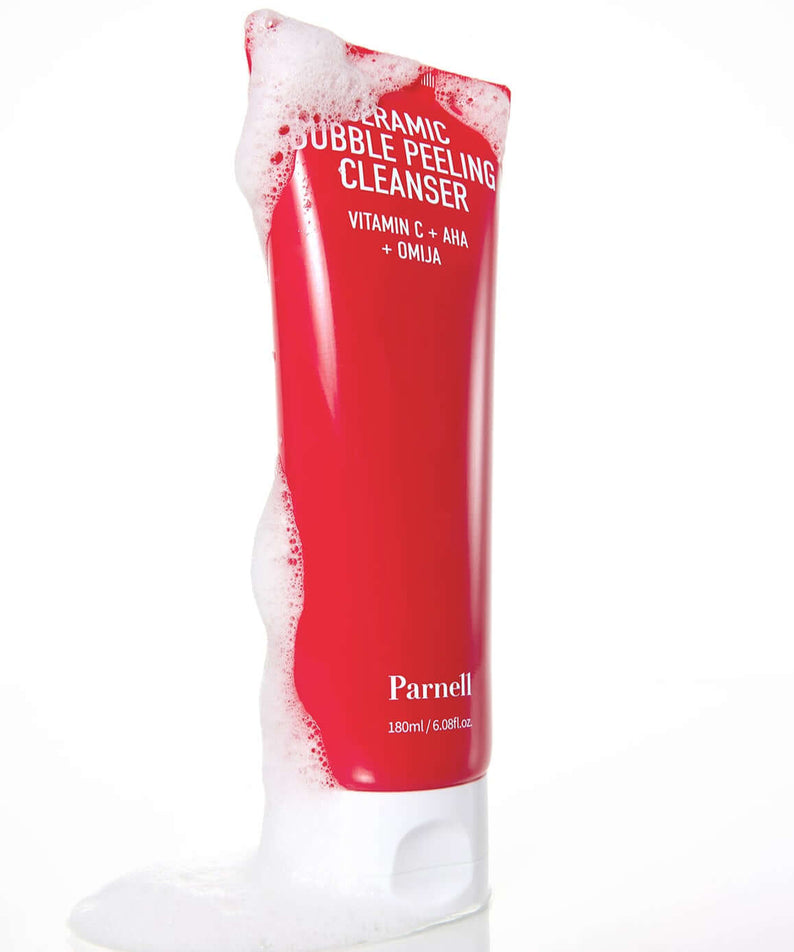 PARNELL AHA Omija Ceramic Bubble Peeling Cleanser 180ml with foaming action displayed on the bottle