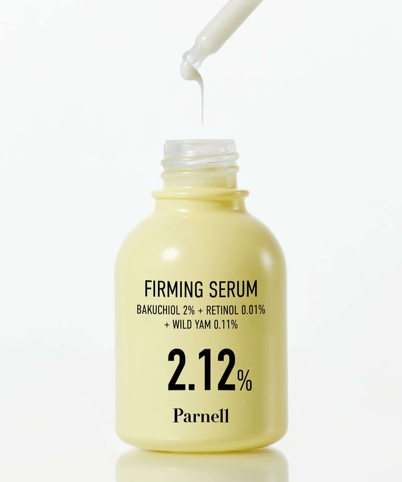 PARNELL Bakuchiol Wild Yam 2.12 Firming Serum 30ml with dropper on white background
