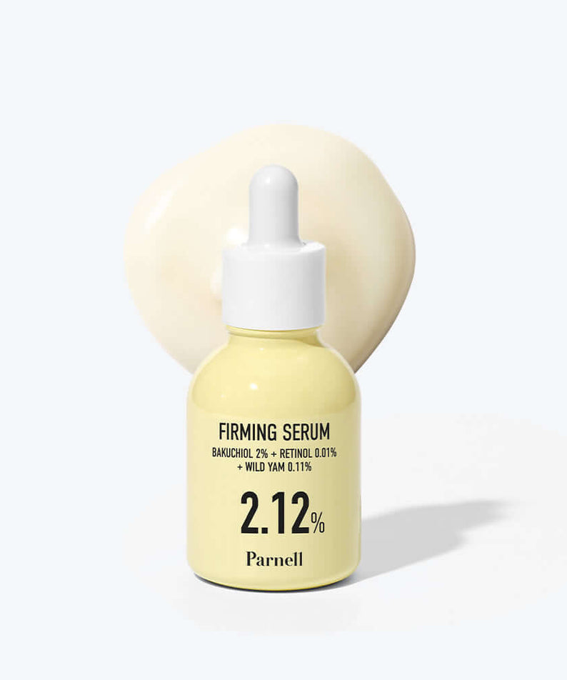 PARNELL Bakuchiol Wild Yam 2.12 Firming Serum 30ml bottle with creamy serum texture in background