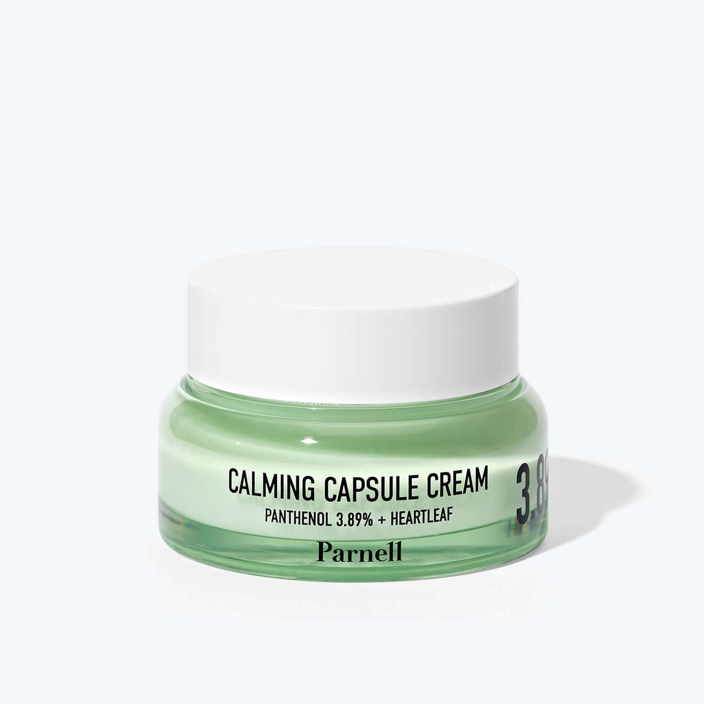 PARNELL Pathenol 3.89 Heartleaf Calming Cream 50ml jar with white cap and green base, showcasing product label and design.