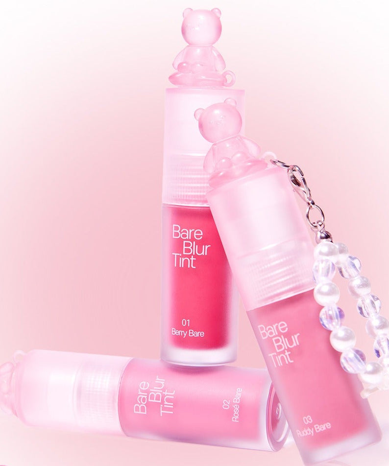 PASSION CAT Bere Blur Tint: Trio of pink lip tints, stylish design with cat-shaped caps and keychain accessory.
