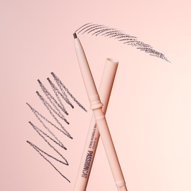 PASSION CAT Relay Fine Eyebrown Pencil 0.09g on a pink background with pencil strokes showing precision application.