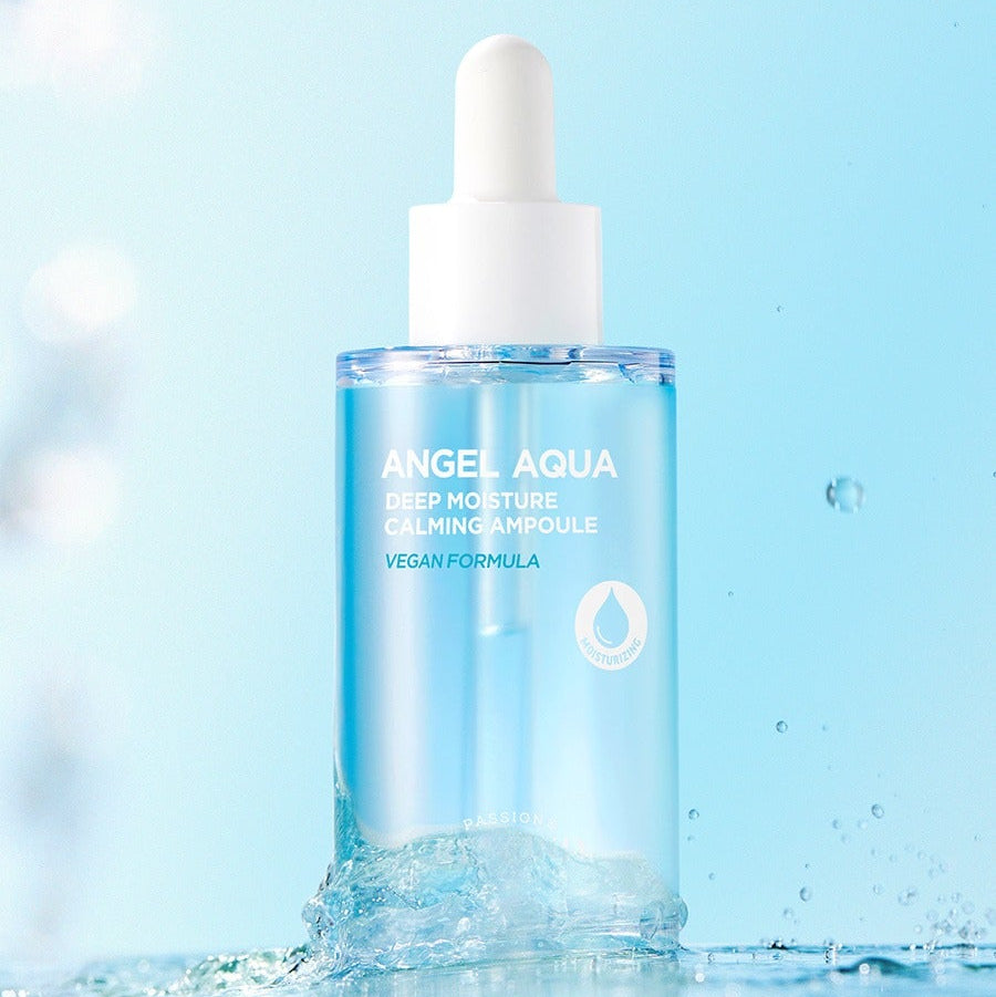PASSION&BEYOND Angel Aqua Moisture Filled Soothing Ampoule 50ml displayed with a refreshing water splash background.