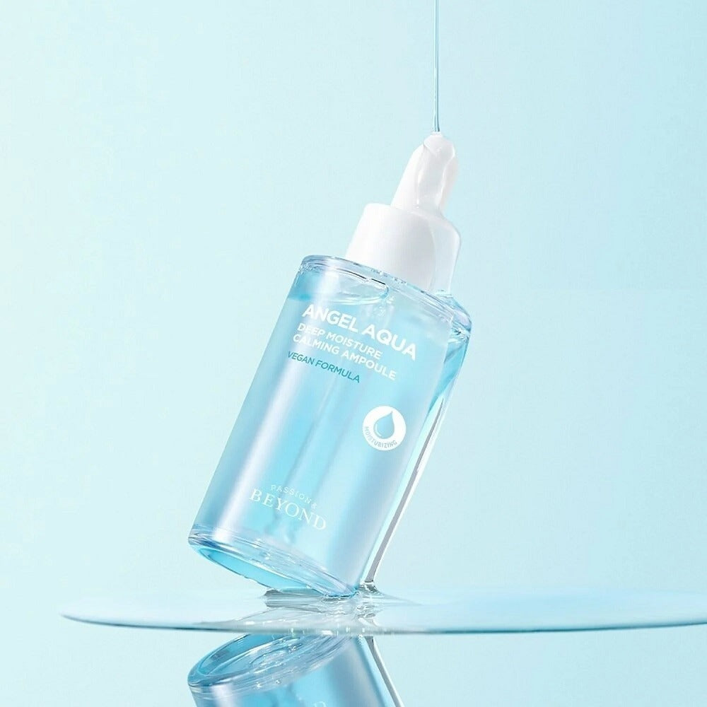 PASSION&BEYOND Angel Aqua Moisture Filled Soothing Ampoule 50ml bottle with dropper, featured in bright setting.