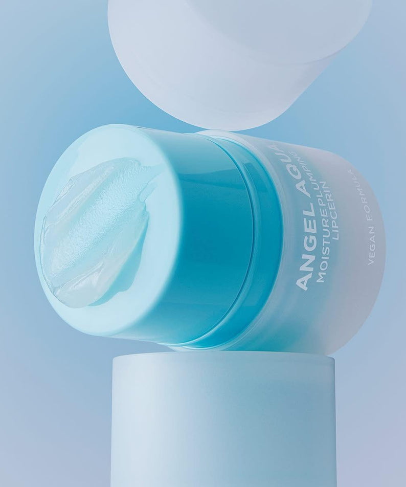 PASSION&BEYOND Angel Aqua Moisture Plumping Lipcarin 15ml product packaging on display with blue background.