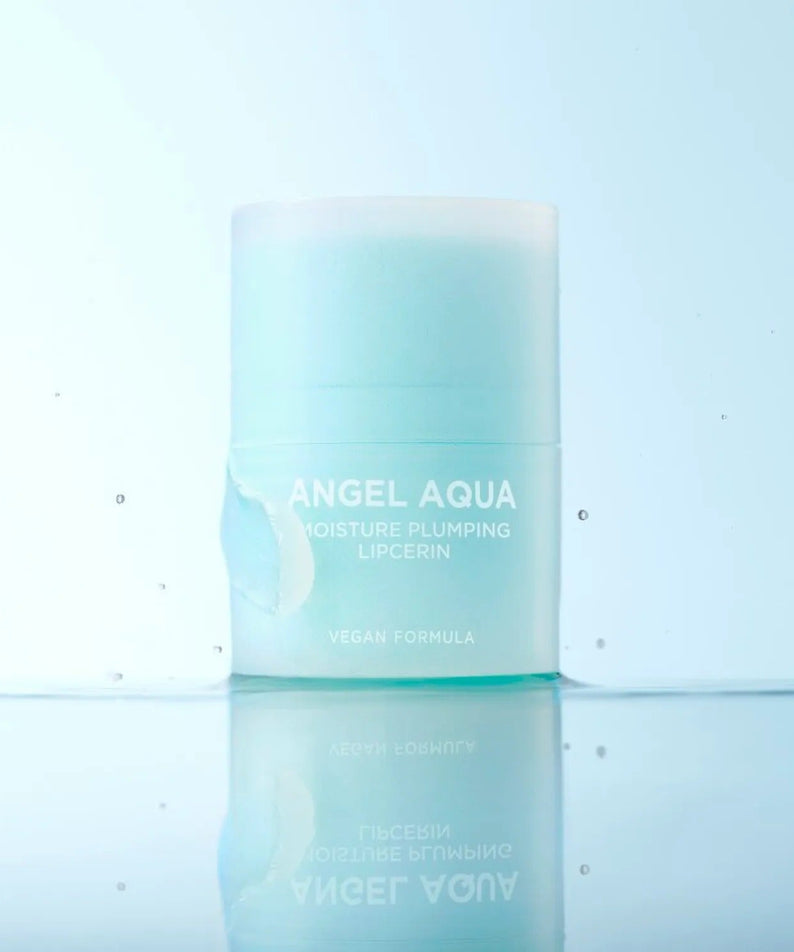 PASSION&BEYOND Angel Aqua Moisture Plumping Lipcarin 15ml vegan formula product image on blue background.