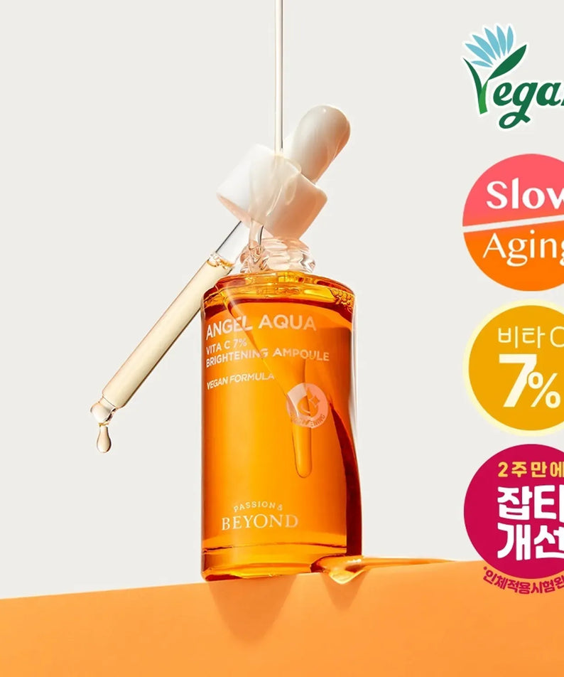 PASSION&BEYOND Angel Aqua Vita C 7% Blemmish Ampoule 30ml showcasing vegan formula and slow aging benefits.