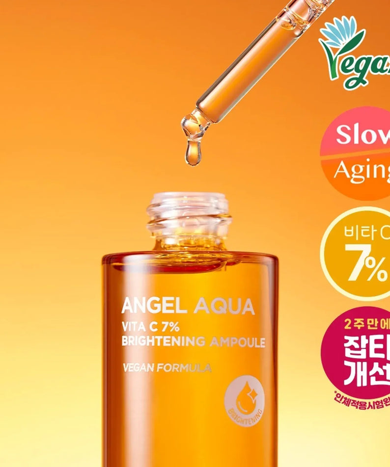 PASSION&BEYOND Angel Aqua Vita C 7% Blemmish Ampoule 30ml with dropper, vegan formula for slow aging and blemish improvement.