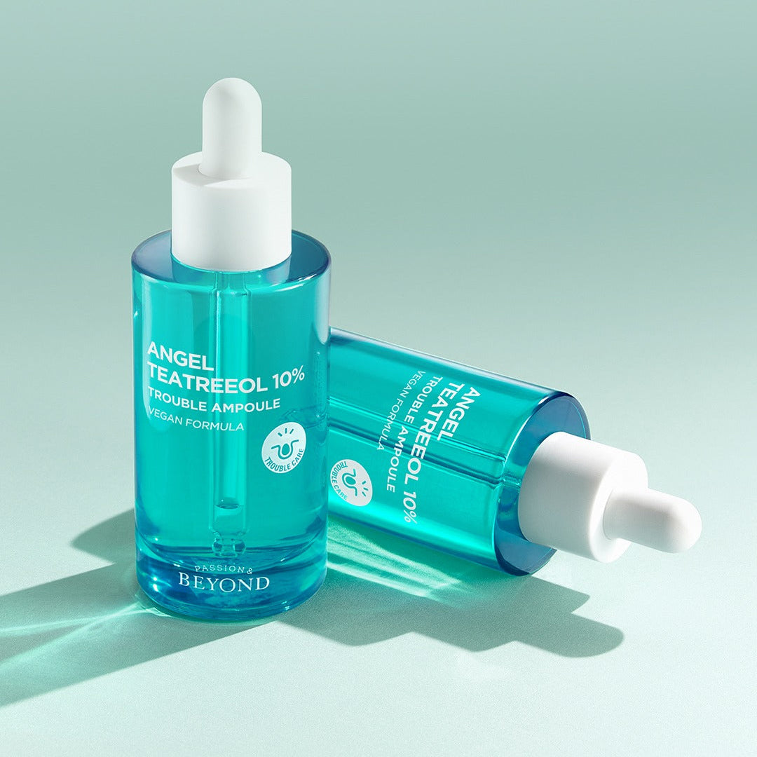 PASSION&BEYOND Angel Tea Tree 10% Trouble Ampoule 50ml bottles on light green background