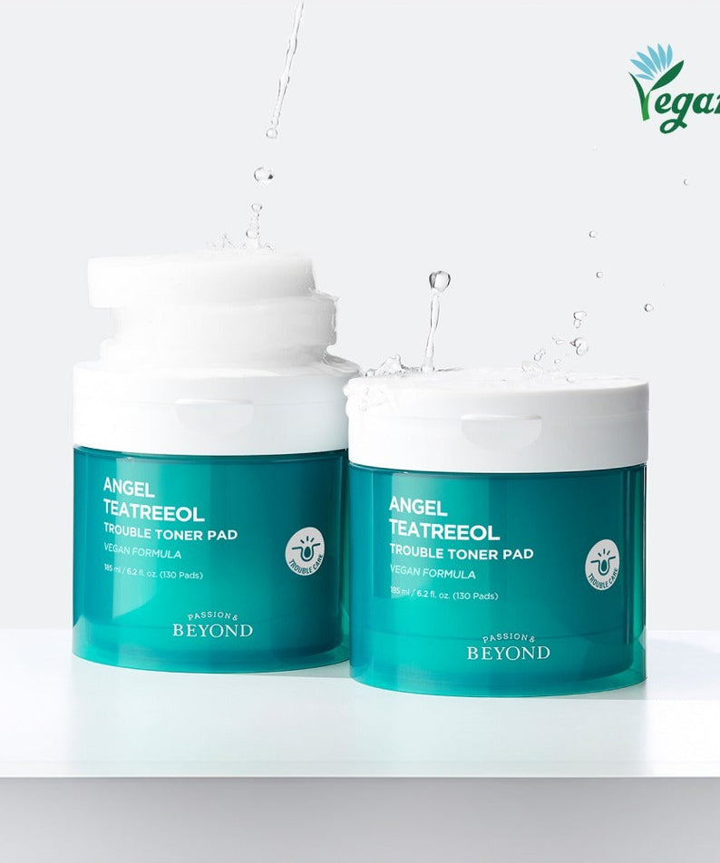 PASSION&BEYOND Angel Tea Tree Trouble Toner Pads 185ml vegan skincare product with two containers and water droplets