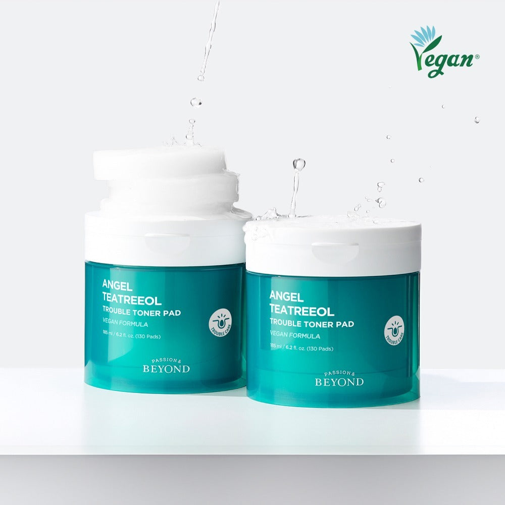 PASSION&BEYOND Angel Tea Tree Trouble Toner Pads 185ml vegan skincare product with two containers and water droplets