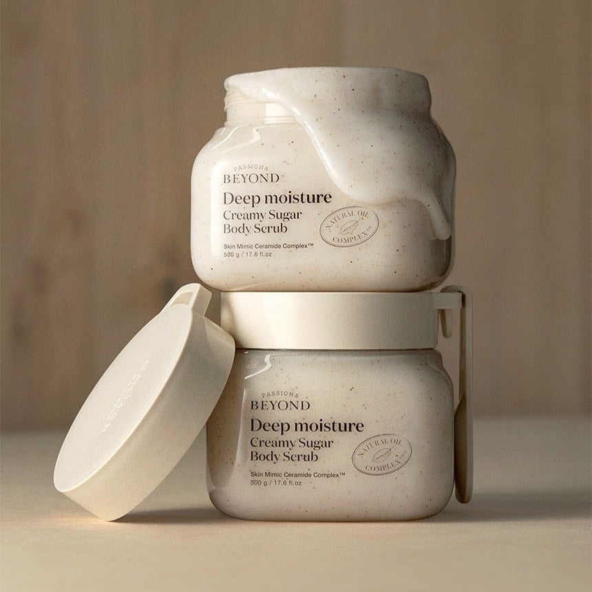 PASSION&BEYOND Deep Moisture Creamy Sugar Body Scrub 500g in two jars with open lid showing rich creamy texture