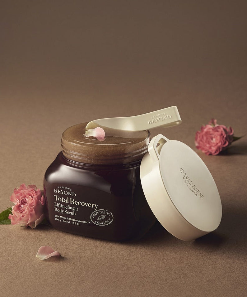 PASSION&BEYOND Total Recovery Lifting Body Scrub 500g with floral accents, open jar showing scrub texture, elegant packaging design