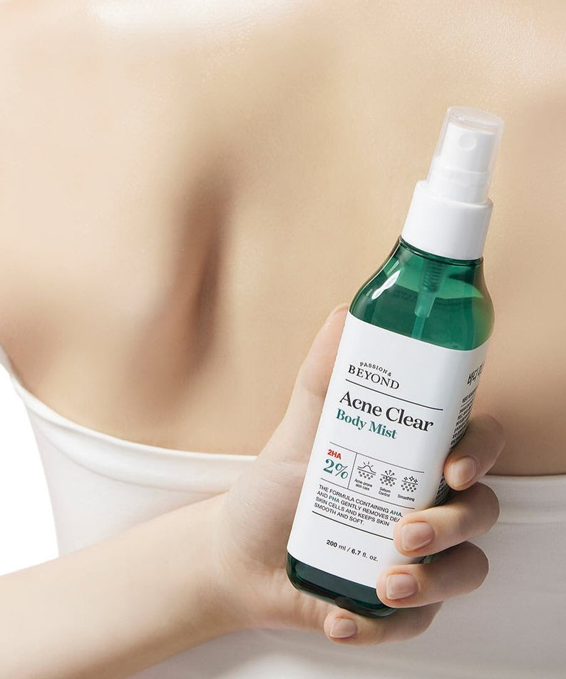 Person applying PASSON&BEYOND Acne Clear Body Mist 200ml to back for skincare