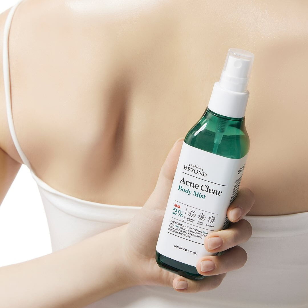 Person applying PASSON&BEYOND Acne Clear Body Mist 200ml to back for skincare