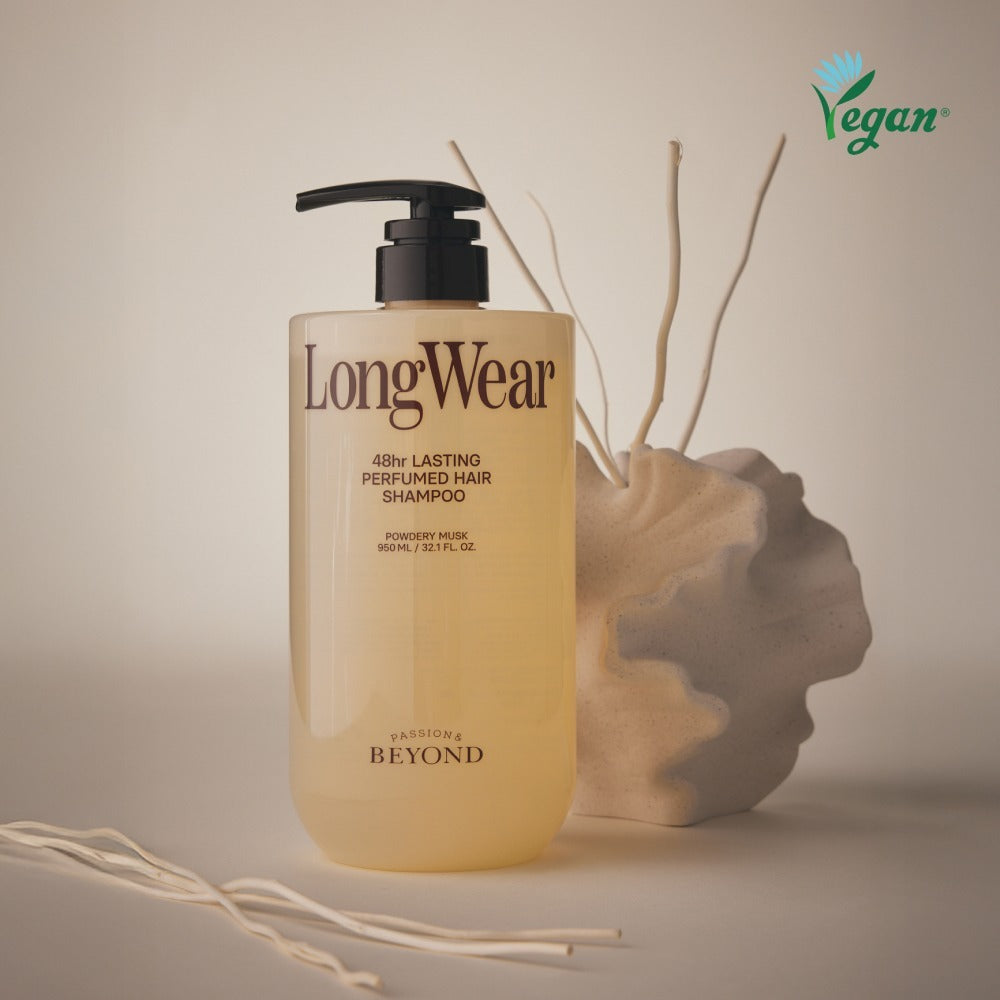 PASSON&BEYOND LongWear 48hr Lasting Perfumed Hair Shampoo 950ml bottle with natural decor, vegan formula focus