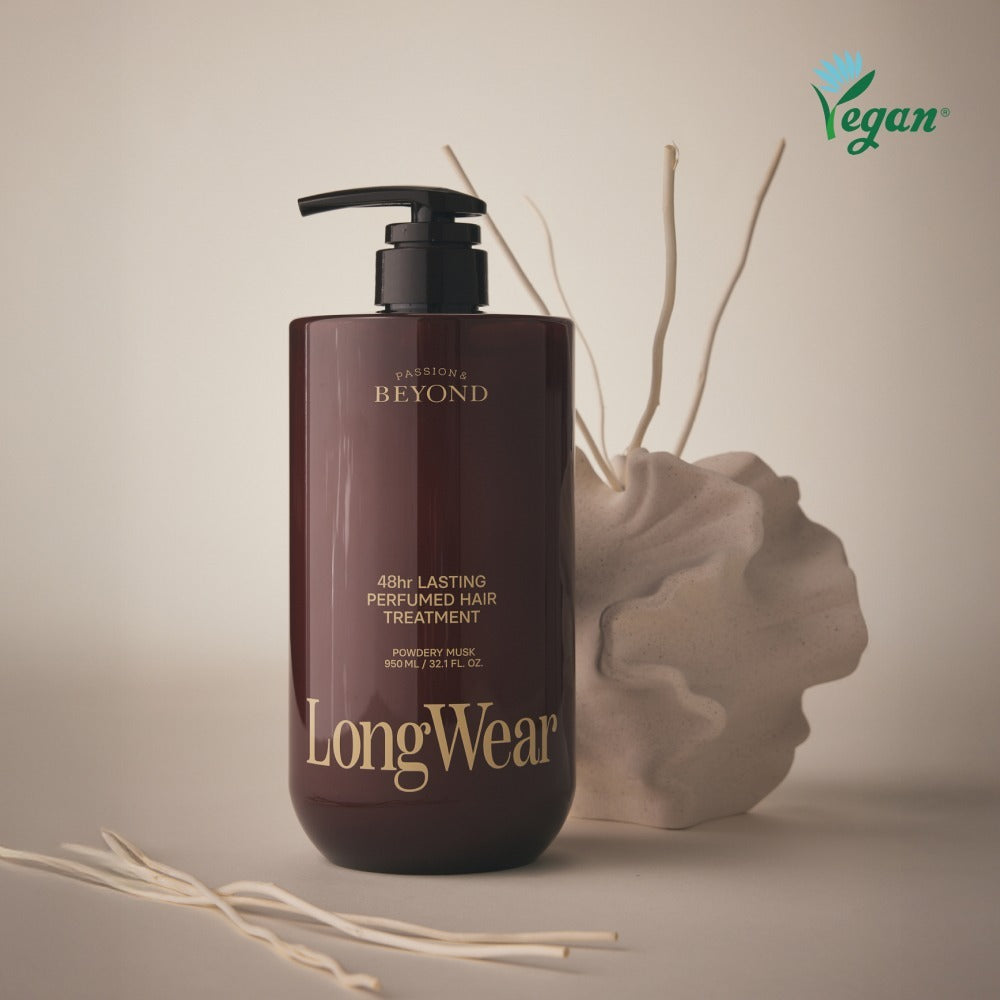 PASSON&BEYOND LongWear 48hr Lasting Perfumed Hair Treatment 950ml bottle with decorative background, labeled vegan