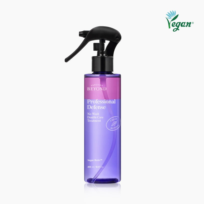 PASSON&BEYOND Profeesional Defense No-Wash Double Care Treatment 205ml bottle with vegan label, purple and black design.