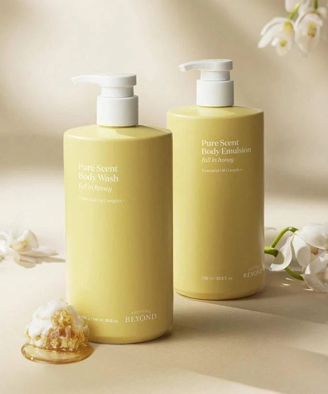 PASSON&BEYOND Pure Scent Full-in-Honey Boday Wash 700g bottle with floral arrangement for premium skincare