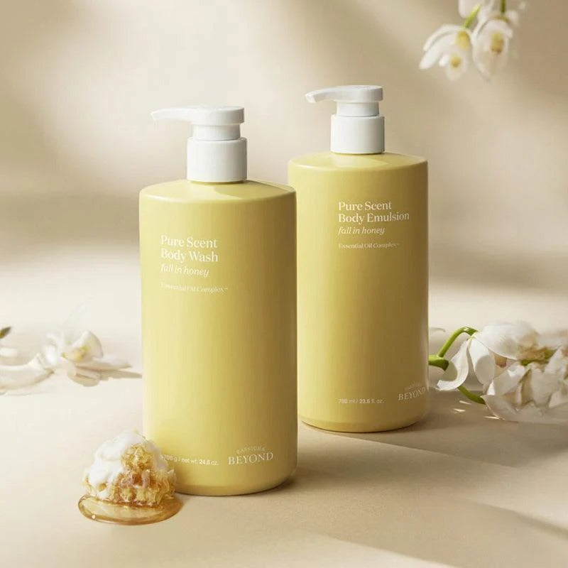PASSON&BEYOND Pure Scent Full-in-Honey Boday Wash 700g bottle with floral arrangement for premium skincare