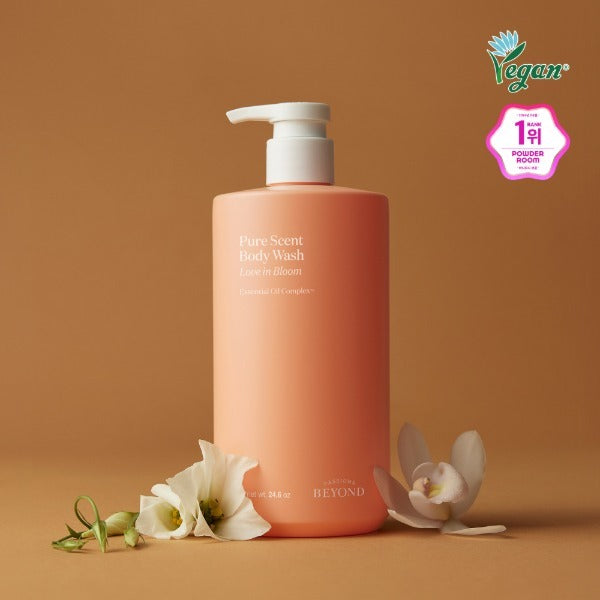 PASSON&BEYOND Pure Scet Love in Bloom Body Wash 700g bottle with floral accents on a brown background, vegan label visible.
