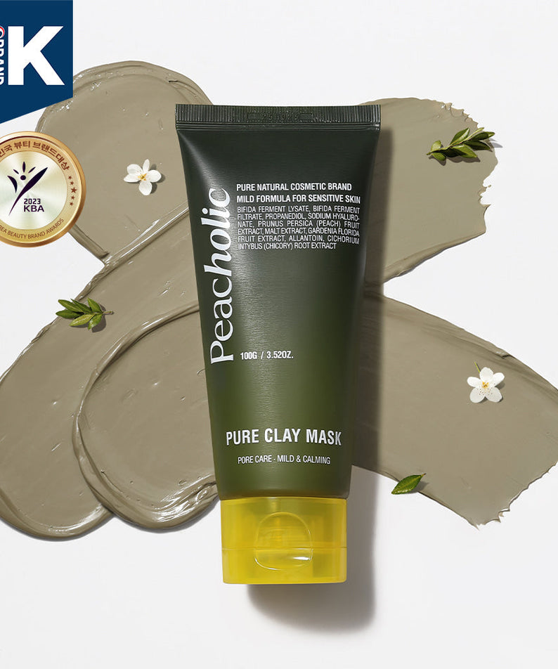 PEACHOLIC Pure Clay Mask 100ml tube with clay swatches and floral decoration