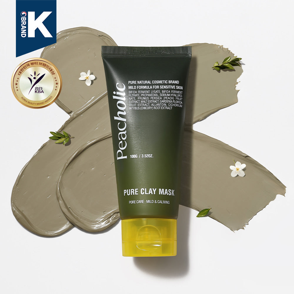 PEACHOLIC Pure Clay Mask 100ml tube with clay swatches and floral decoration
