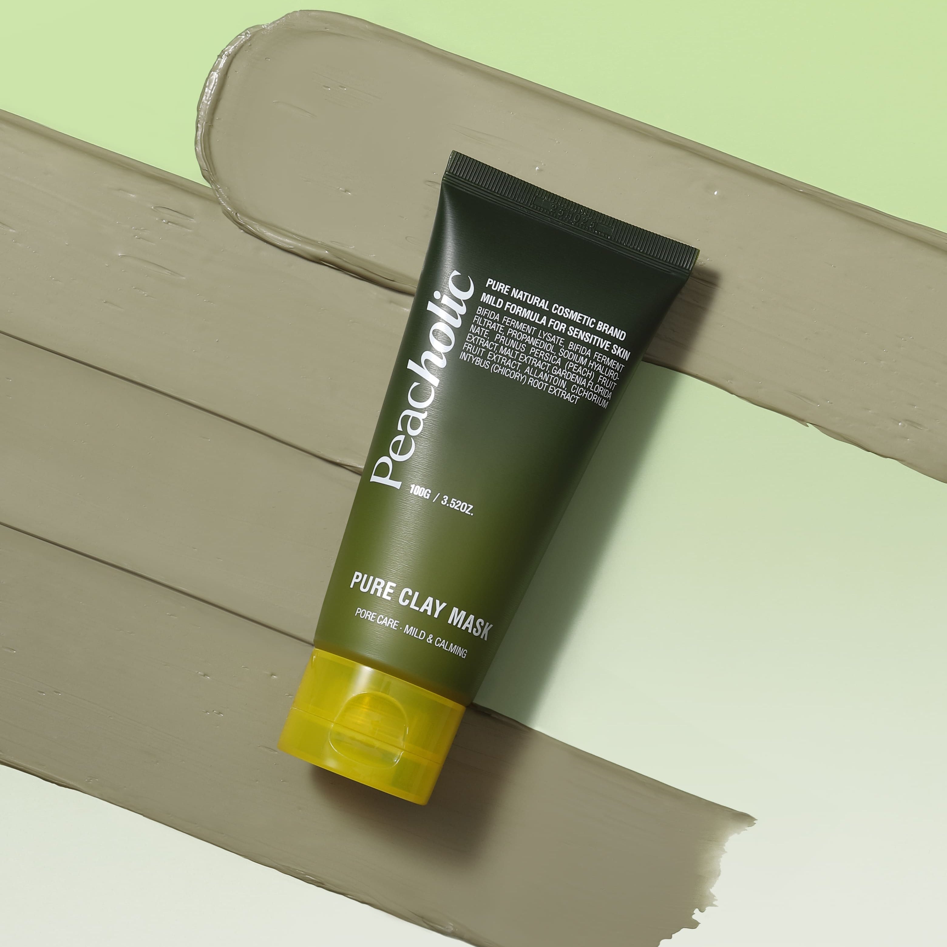 PEACHOLIC Pure Clay Mask 100ml displayed on clay background