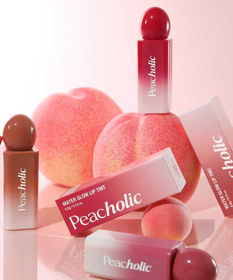 PEACHOLIC Water Glow Lip Tint in various shades with product packaging and peach background.