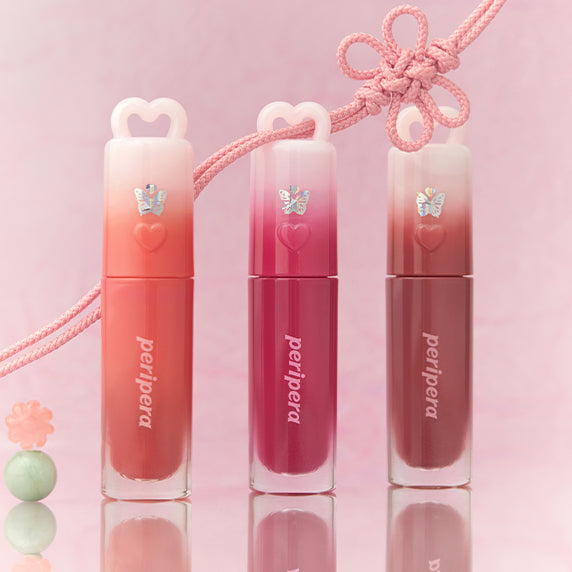 PERIPERA Ink Mood Glowy Tint Princess Hours Collection featuring three vibrant lip tints in elegant packaging.