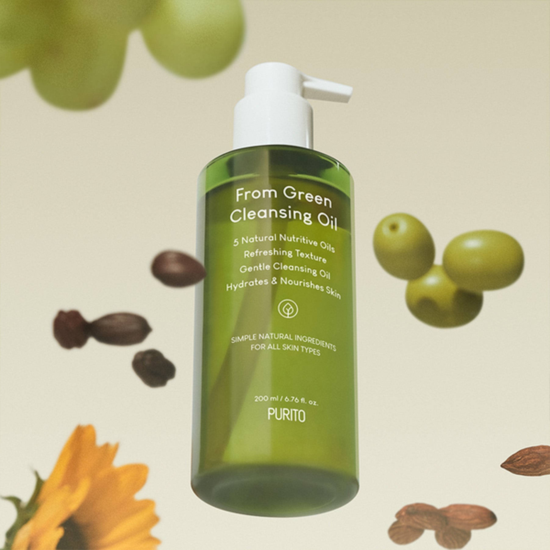 PURITO From Green Cleansing Oil 200ml bottle with natural ingredients background for skincare benefits.