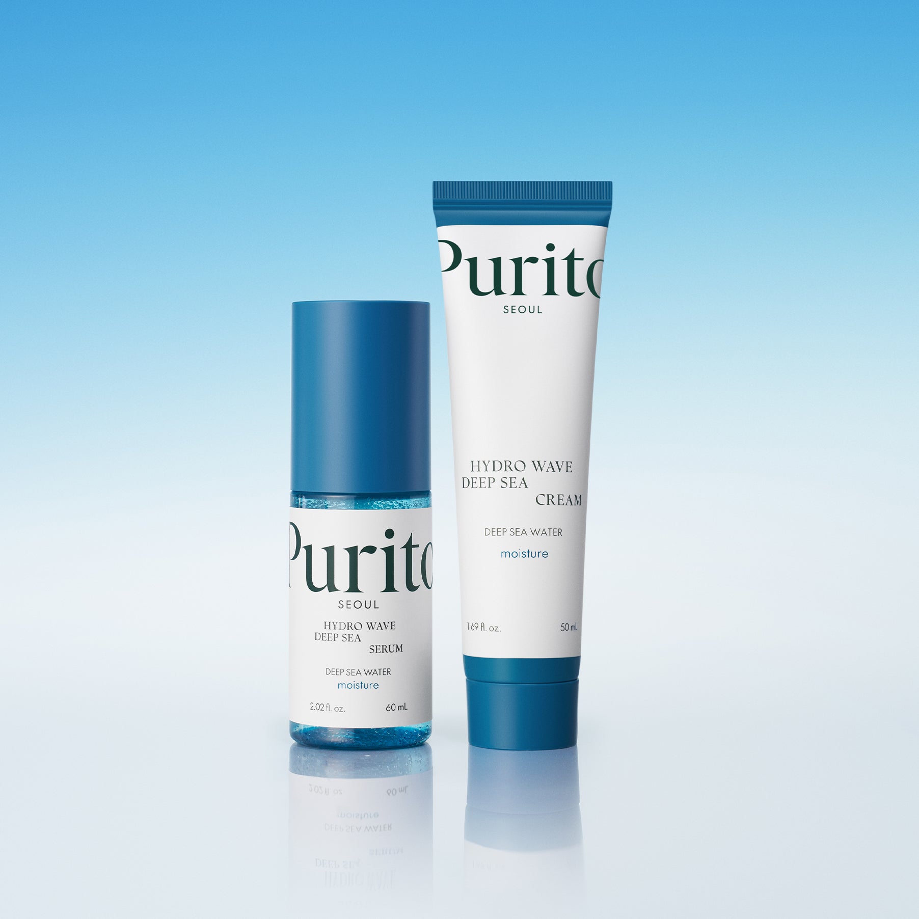 PURITO Hydro Wave Deep Sea Cream 50ml with bottle and tube on a blue background