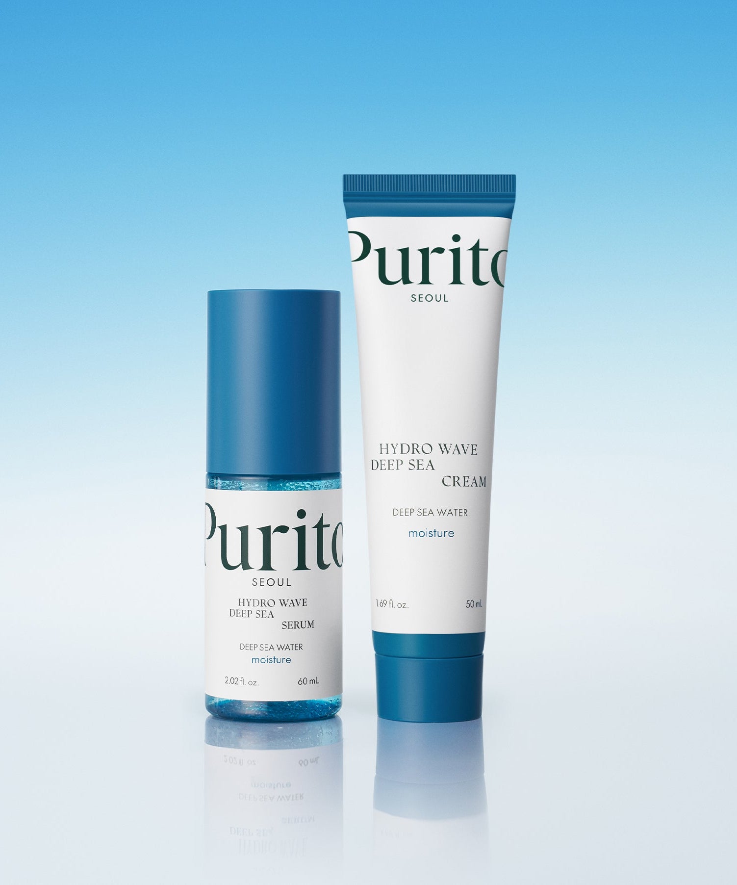 PURITO Hydro Wave Deep Sea Serum 60ml bottle and cream tube against a blue background, highlighting skincare benefits.