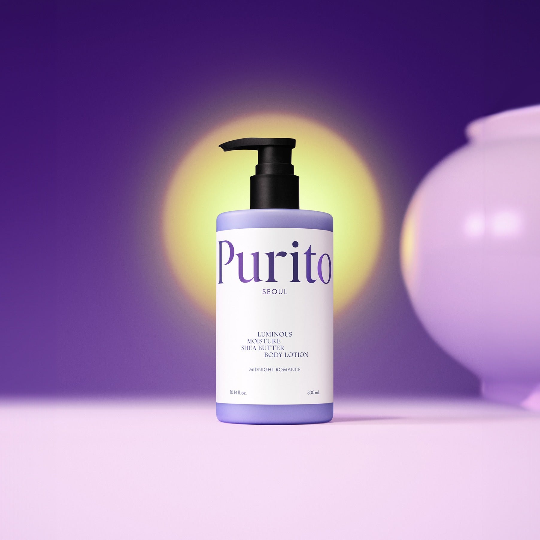 PURITO Luminous Moisture Shea Butter Body Lotion 300ml in purple bottle on purple background with yellow lighting.