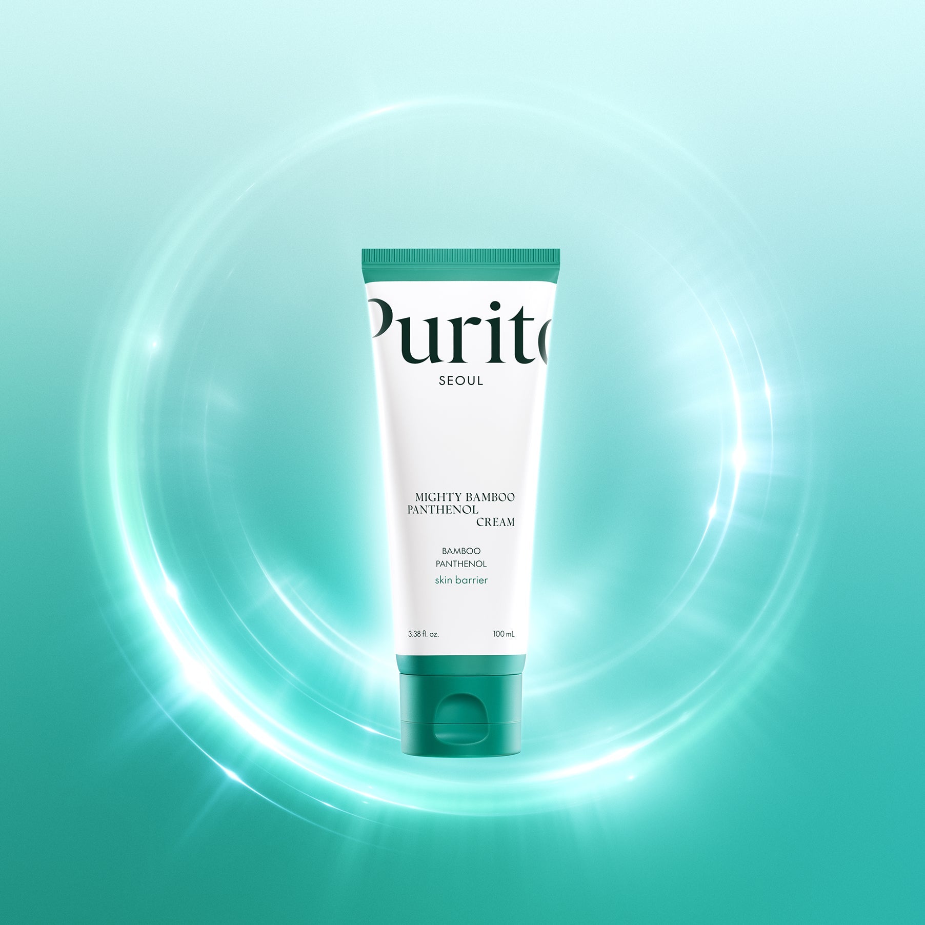 PURITO Mighty Bamboo Panthenol Cream 100ml tube with green and white packaging on a light green background.
