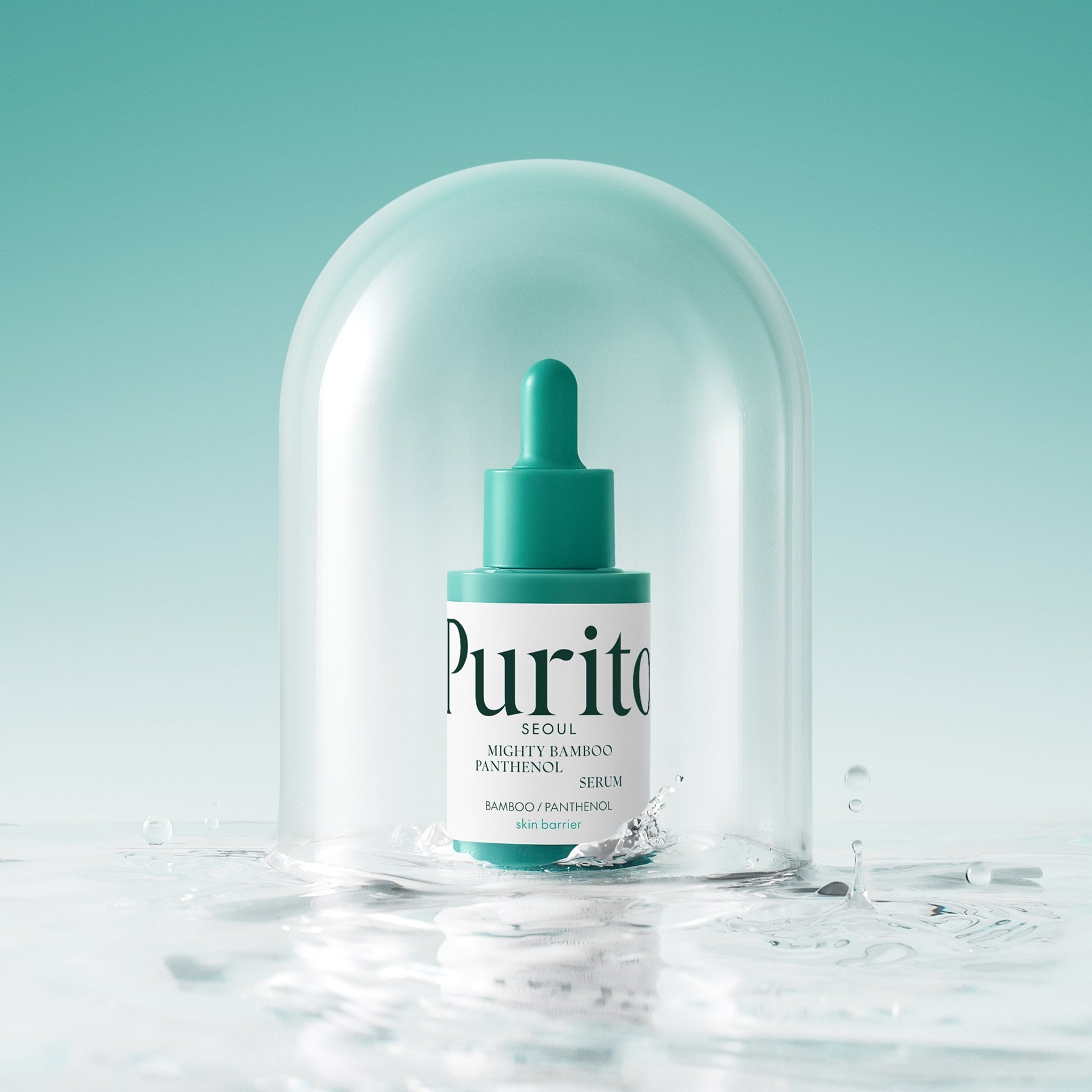 PURITO Mighty Bamboo Panthenol Serum 30ml under a glass dome on a reflective surface