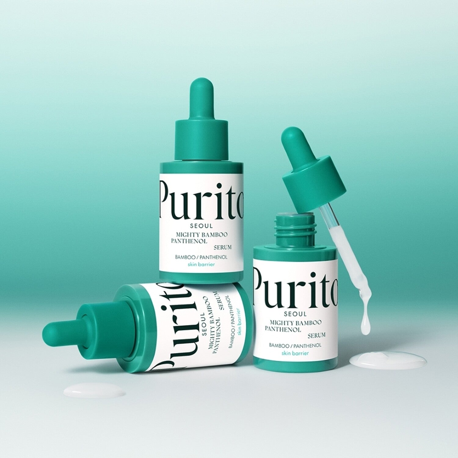 PURITO Mighty Bamboo Panthenol Serum 30ml bottles and dropper with white serum drops