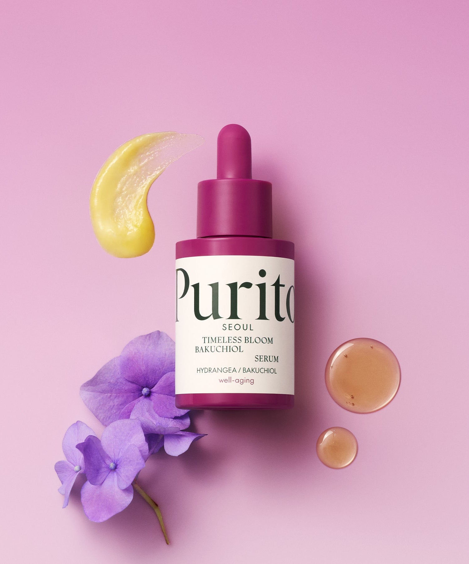 PURITO Timeless Bloom Bakuchiol Serum 30ml on a pink background with hydrangea flowers and serum texture samples