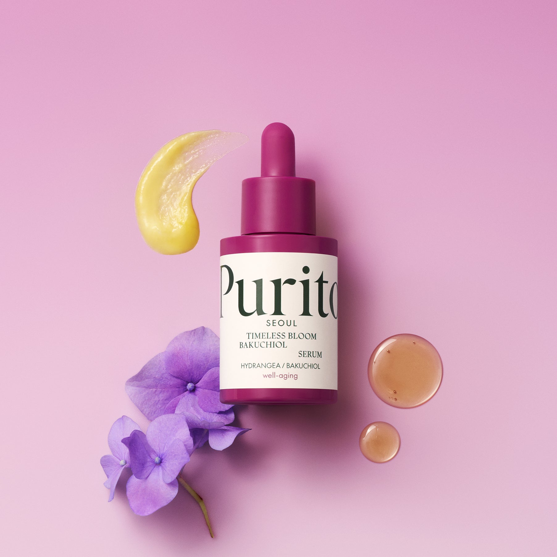 PURITO Timeless Bloom Bakuchiol Serum 30ml on a pink background with hydrangea flowers and serum texture samples
