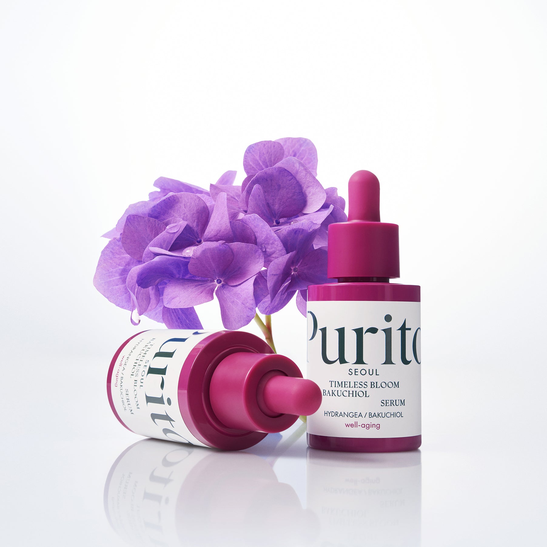 PURITO Timeless Bloom Bakuchiol Serum 30ml with purple flowers