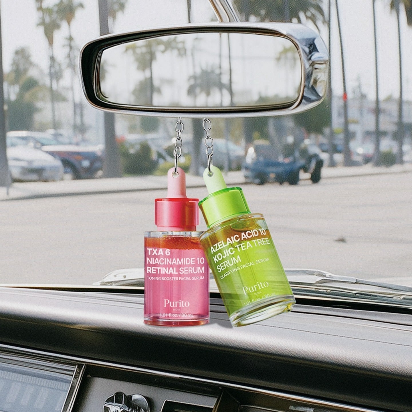 PURITO Tranexamic Acid 6 Niacinamide 10 Retinal Serum 30ml hanging in car for skincare