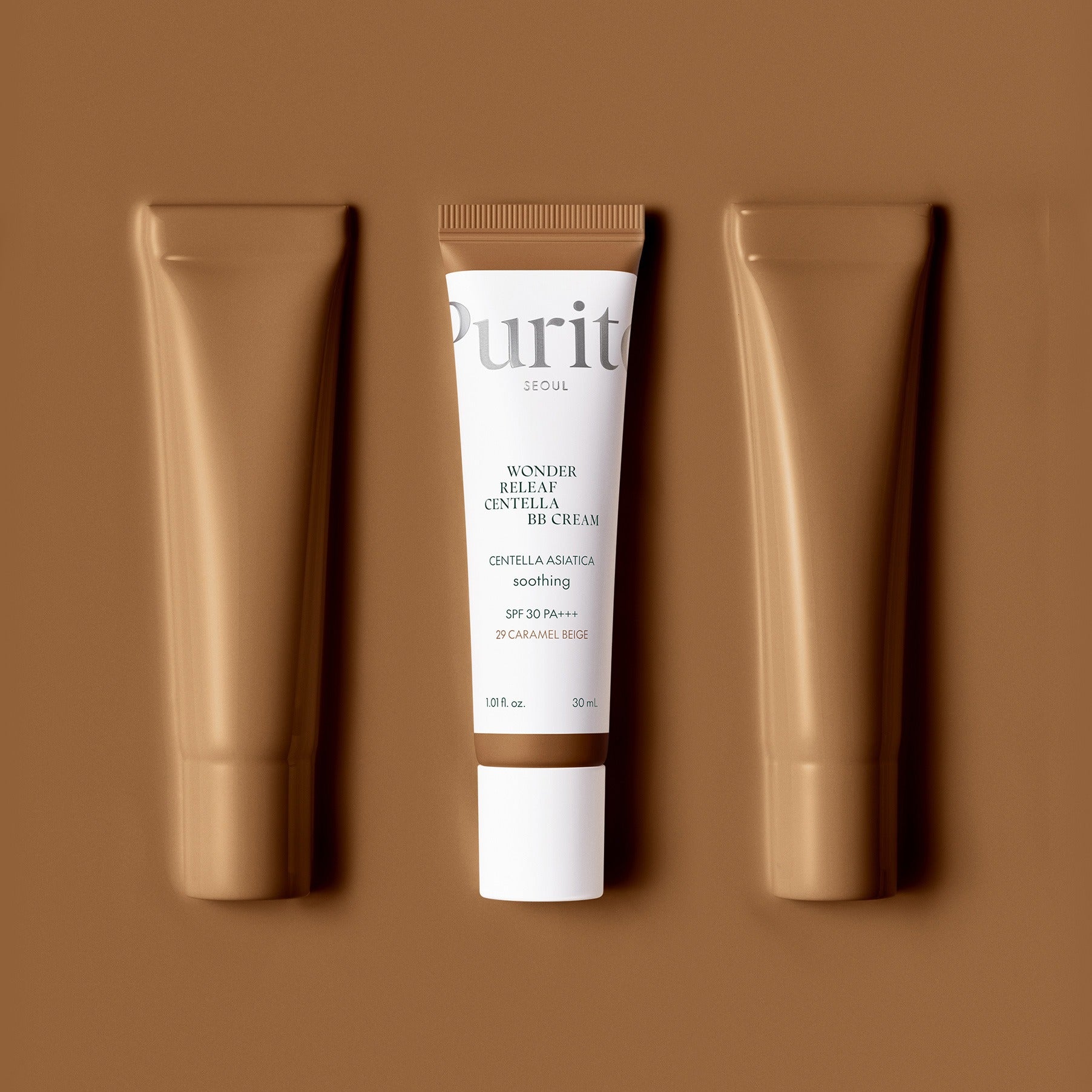 PURITO Wonder Releaf Centella BB Cream 30mml tube on a brown background