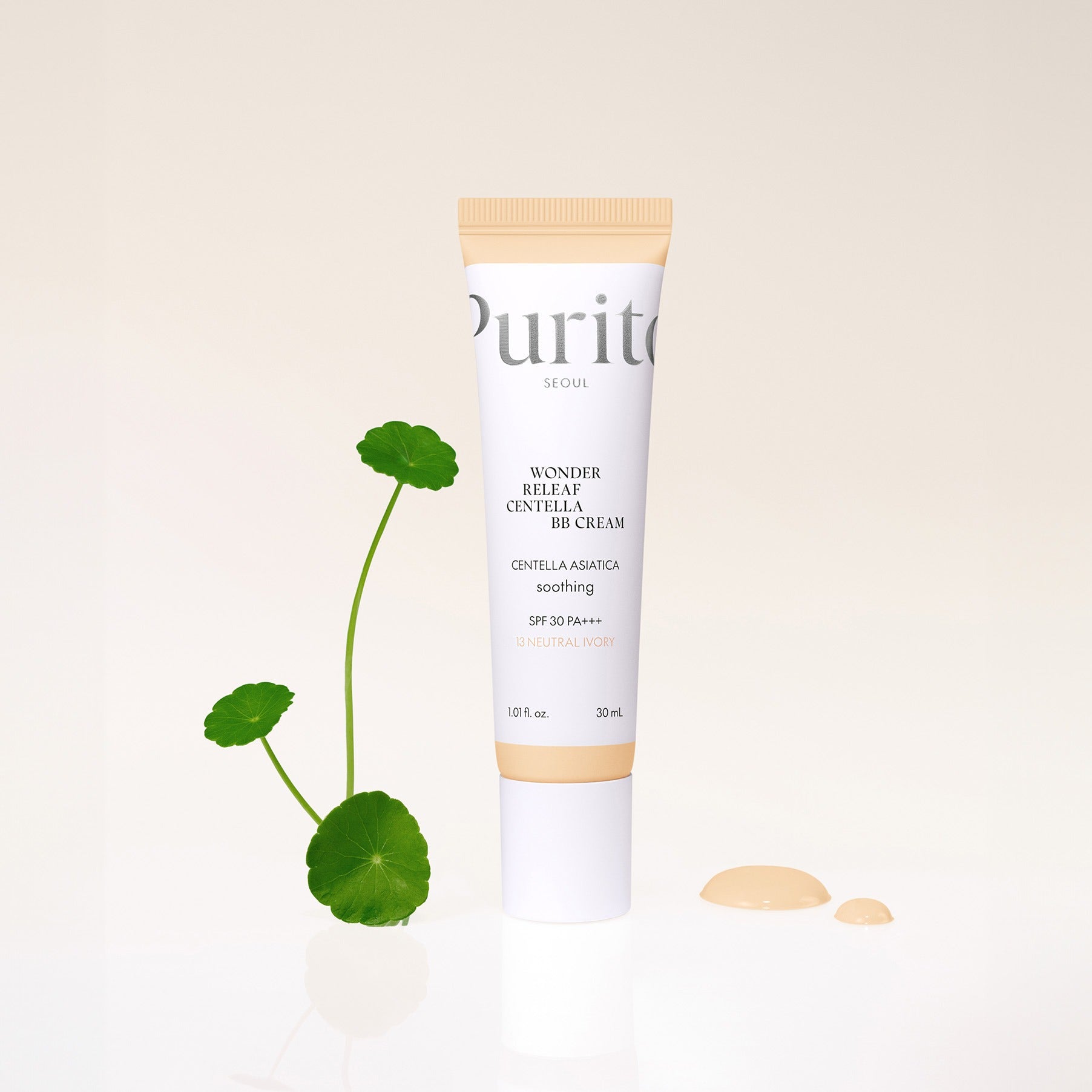 Tube of PURITO Wonder Releaf Centella BB Cream 30mml with Centella Asiatica leaves, emphasizing soothing and SPF 30 coverage.