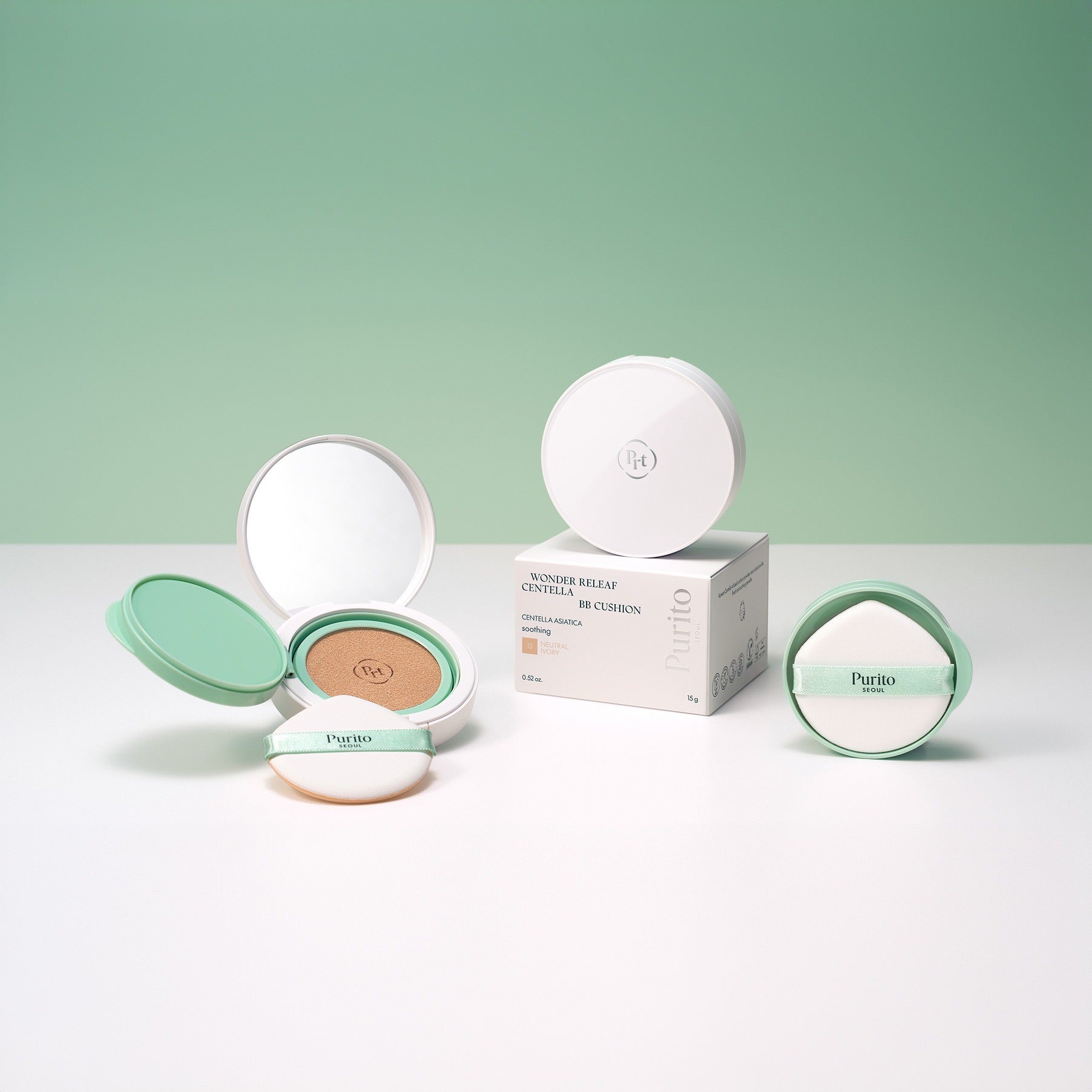 PURITO Wonder Relief Celtella BB Cushion 15g displayed with packaging on a white and green background.