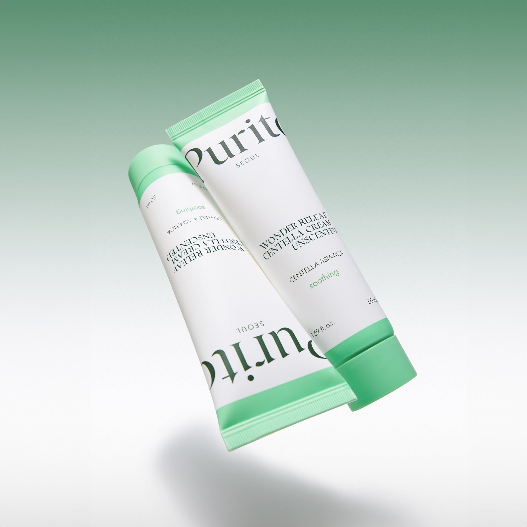 PURITO Wonder Relief Centella Cream Unscented 50ml tube showcased against a gradient background