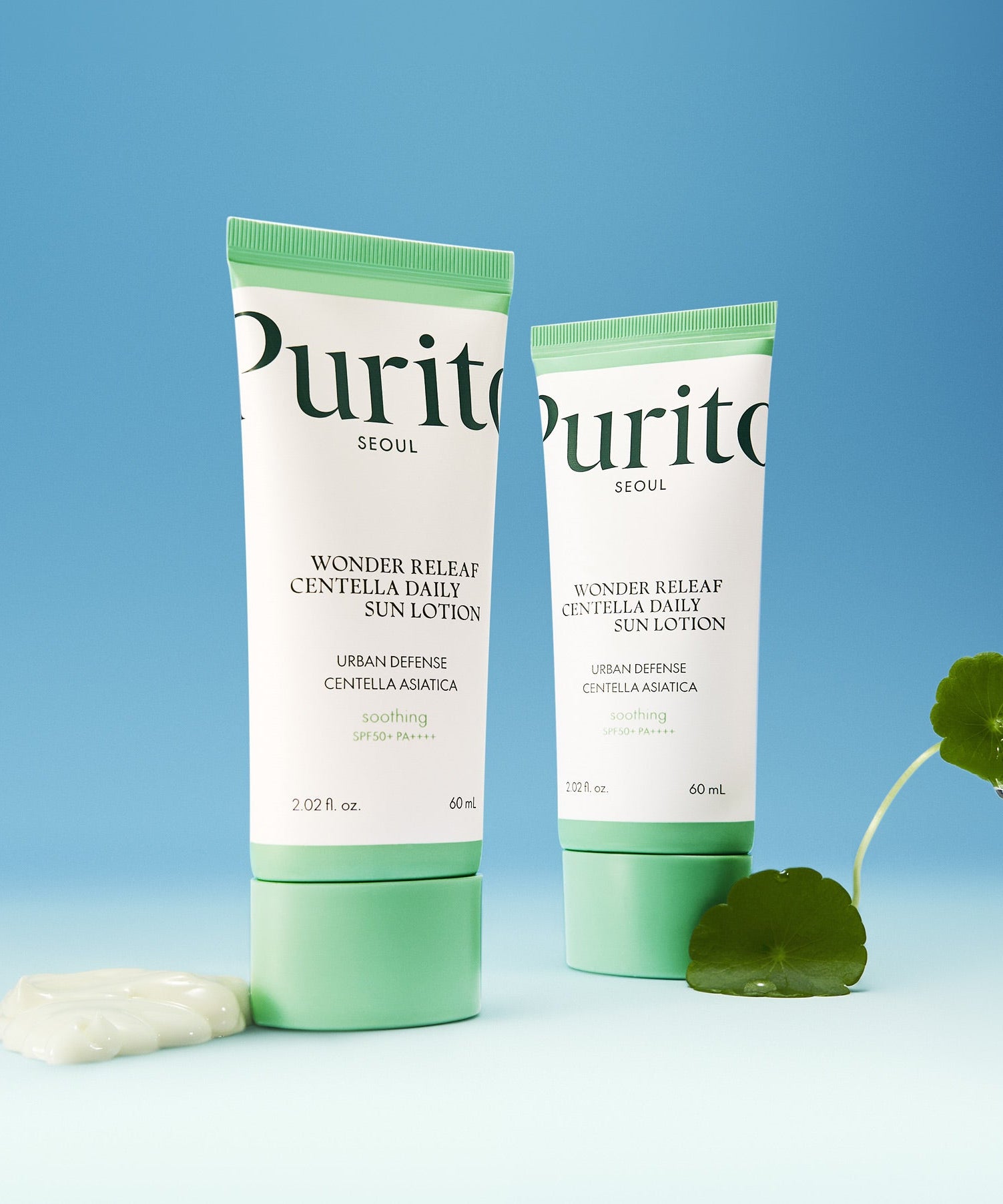 PURITO Wonder Relief Centella Daily Sun Lotion SPF50+PA++++ with soothing formula and packaging against a blue background.