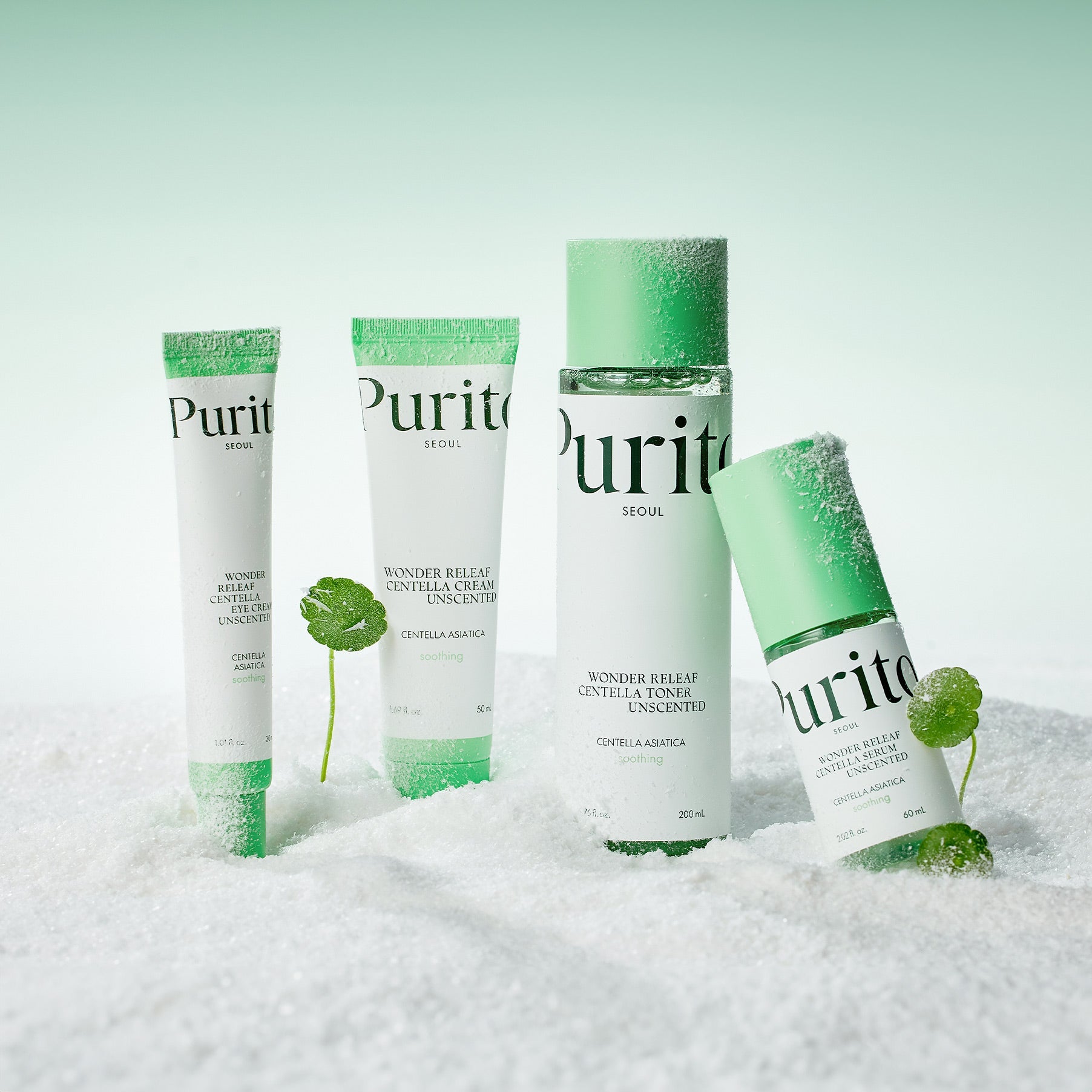 PURITO Wonder Relief Centella Serum Unscented 60ml displayed with other PURITO skincare products on a white background.